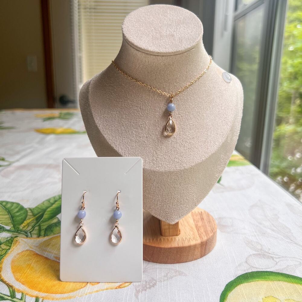 Light Blue Jewelry Set, Peruvian Blue Jade Quartz Glass Teardrop Casual Set